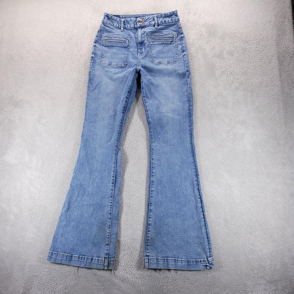 American Eagle Jeans Womens 8 X Long Blue Curvy Super High Rise Flare Distressed